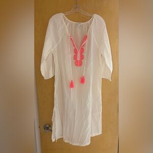 J. Crew White Dress with Neon Pink Embroidery